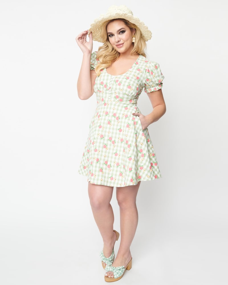 Front of a model wearing a size 4X Unique Vintage 1940s Light Green Gingham & Peaches Flare Dress in Green, Gingham by Unique Vintage. | dia_product_style_image_id:300973